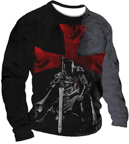 oneforus T-Shirt pour Hommes Manches Longues Vintage Col Rond Templiers Imprimé Distressed Pullover Tops