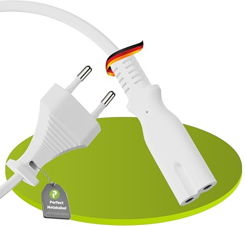 Perfect Stromkabel Netzkabel 2 Polig, 2,0m, Netzstecker Eurostecker Typ C auf Euro 8 Stecker IEC C7 Buchse, Strom Kabel Netzteil für Haushaltsgeräte, PS3, PS4, PS5, TV UVM, Weiß