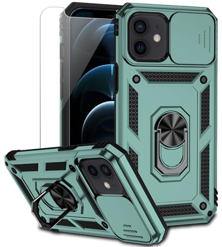 for iPhone 12 Mini Case with Camera Lens Cover Screen Protector, Dual Layer Military Grade Drop Protection Magnetic Ring Holder Kickstand Protective Phone Case for iPhone 12 Mini 5.4 inch (Dark Green)