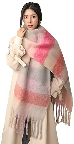 Wambere Damen Schal, Kariert übergroßer Winter SchaltuchKaro Schultertuch Plaid Deckenschal Modeschal Weich Warm Strickschal Oversized Herbstschal Warme Winter Stola mehrfarbig,Rosa