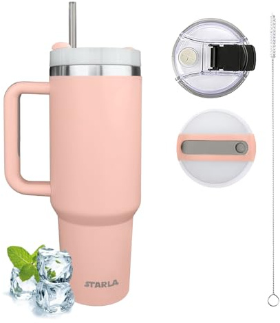 STARLA Mug Isotherme avec paille et poignée, 1,2l grand, 2 couvercles, tasse isotherme étanche, tasse à café à emporter, tasse à eau, tasse à boisson, tasse de voyage, tasse à boire (Rose)