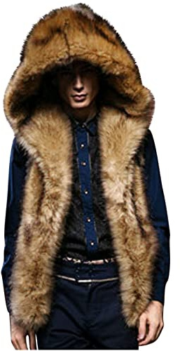 RLEHJN Pelz Weste Herren Kunstpelz Weste mit Kapuze Kurzweste Kunstfell Mantel Jacke Faux Pelz Waistcoat Ärmellos Winterjacke Parka Fell Mäntel Pelzjacke Fellmantel Dick Warme Weiche Fellweste Winter