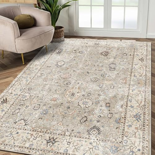 bamyum Monty Bedruckter Teppich Chenille-Druck Maschinell Hergestellt 160 x 230 cm, Waschbarer Wohnzimmer Vintage Schlafzimmer, Antibakteriell Antirutschunterlage Küchenteppich Beige