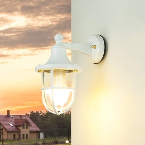 Licht-Erlebnisse Außenwandleuchte Weiß, Außenlampe Messing, Riffelglas, Maritim, Wandlampe Messing, B:14 cm, IP64, E27, Haustür, Rustikal, nostalgische Laterne