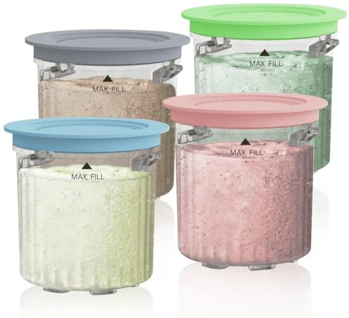 Replacement Tubs and Lids for Ninja CREAMi Breeze Ice Cream Maker, 16oz Pints Containers for NC201UK NC201 NC200 NC100 Series Ninja Creamy Breeze Accessories (4 Pack, Blue/Pink/Lime/Gray)