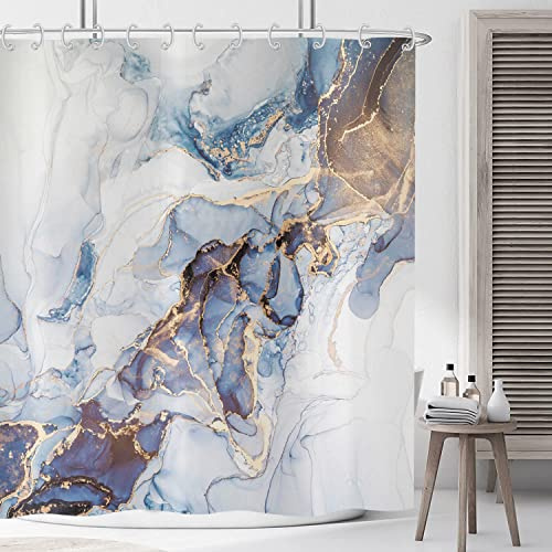 ASDCXZ Marmor Duschvorhang 120x200 cm, Modern Abstrakt Blau Gold Weiß Marmor Optik Textur Bad Waschbar Duschvorhänge Polyester Textil Wasserdicht Badevorhang für Badewanne mit 8 Haken