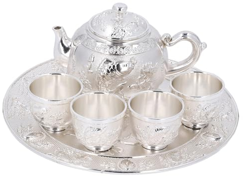 Juego de té de Aleación de Zinc de Estilo Vintage,Resistente Al óxido y a Altas Temperaturas,Tetera y Tazas Galvanizadas en Plata,Completo con Bandeja para una Hora del té Elegante