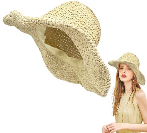 FUIPVGI Stroh Sommerhut für Damen mit Groß Sonnen Shade, Breiter Rand Sommervisier Strand Sonnenhut Verpackbare, Atmungsaktiv Strandhut