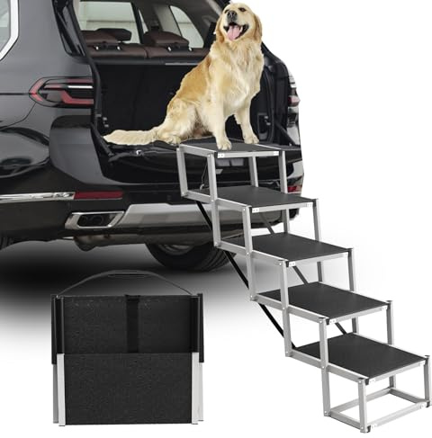 Deergym Dog Stairs for Large Dogs - 5 Step Wide 16in High 34in Foldable Dog Ramp for Car Non-Slip Surface Support up to 230lbs - Suitable for SUV,Truck, Sofas, Bed