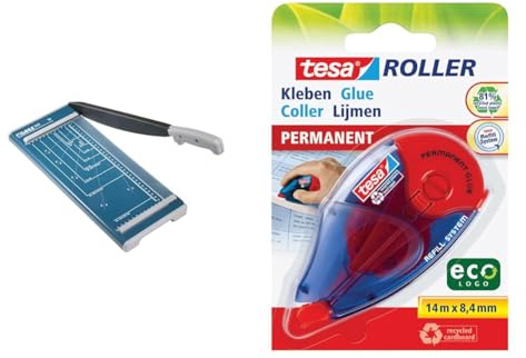 Dahle 502 Hebel-Papierschneider (bis DIN A4, Schnittlänge 320 mm, 8 Blatt Schneidleistung) Blau & tesa Roller Kleben Permanent ecoLogo - Nachfüllbarer Kleberoller