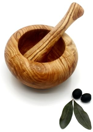 DAGDEG shop Mortero y mortero de madera de olivo, redondeado, para pimienta, sal, hierbas, hecho a mano, madera maciza (madera de olivo, diámetro de 12 cm)