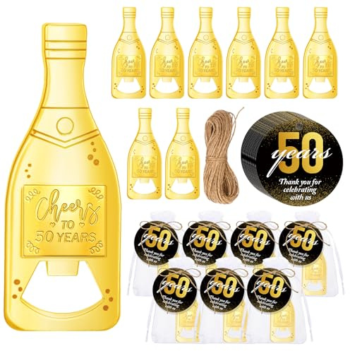 Misdary 25 Sets 50th Birthday Party Favors for Guests Small Gold Bottle Opener with Thank You Tag Organza Bag Cheers to 50 60 Years Anniversary Souvenirs Thank You Gifts for Adults