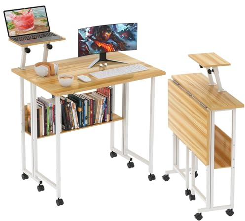 Lvhcmfohm Klappbarer Schreibtisch Computertischmit Rollen, Klapptisch mit Regal, Platzsparend und Mobiler, Geeignet für Heimbüro und Arbeitszimmer (Eichenfarbe, 80x58x75cm)