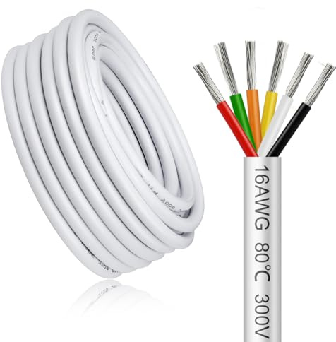 Cable Eléctrico 16 AWG 6x1,5mm² de 5 Metros, Blanco Cable Flexible de 6 Hilos de Cobre Estañado para 5V/12V/24V Blanco, Resistente a Altas Temperaturas, para LED, Automoción y Electrónica
