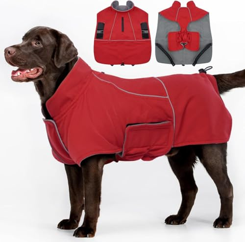 Katzinst Hundemantel Wasserdicht, Warmer Hundejacke für Große Hunde, Hundemantel Fleece, Hundejacke mit Reflektierender Streifen Labrador, Regentag, Cheng Rot 3XL