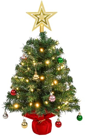 Uten 2ft/60cm Mini Christmas Tree, Tabletop Small Christmas Tree with 50 LED String Lights, 28 pcs Christmas Balls, Golden Tree Topper Star and Red Base for Desktop Xmas Decoration