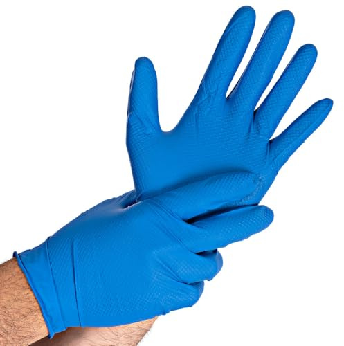 FRANZ MENSCH 50 Stück Hygostar Nitrilhandschuhe Power Grip | puderfrei, Packung, blau, 10/XL, L: 24cm, Einweghandschuhe, Mechaniker, Latexfrei, Fischschuppen-Struktur