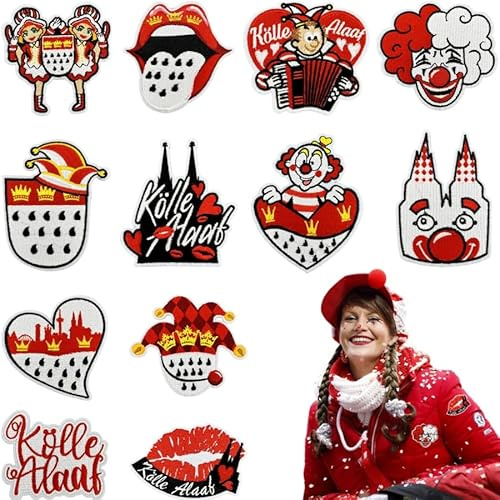 CGVG 12 Pcs Bügelbilder Köln Karneval Rot Weiß Kölner Patches zum Bügeln oder Aufnähen Köln Applikation Aufnäher DIY Bügelflicken für Kleidung Tasche Jeans Karneval Accessoires Dekoration
