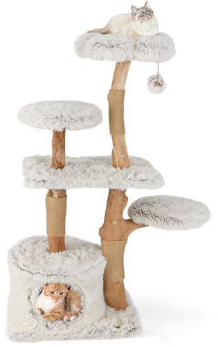 GOPLUS 135 cm Árbol Multinivel para Gatos, Torre Moderna con Postes de Madera Natural, Postes Rascadores, Percha de Peluche, Condominio, Bola Colgante, Mueble de Escalada para Gatos