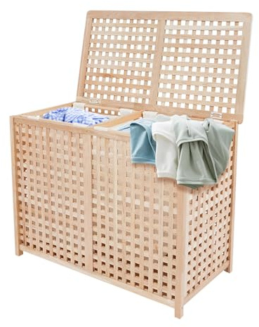 Cesto portabiancheria in legno, 2 scomparti, verticale, 89 x 46 x 67 cm, organizer per biancheria, per bagno e camera da letto