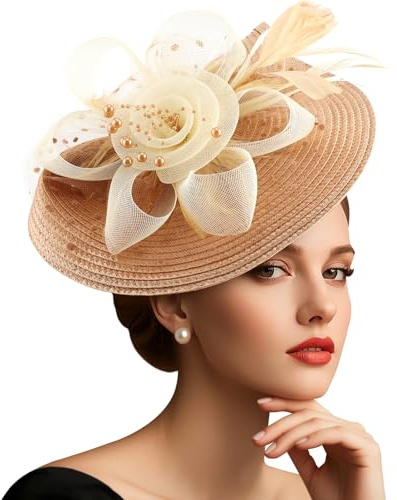 DRESHOW Fiore a Rete con Piuma Perla Fascinatori Cappello Su Una Fascia e Un clip a Forcella Cocktail Tea Party Copricapo per le Ragazze e le Donne Nobile Cappello Kentucky
