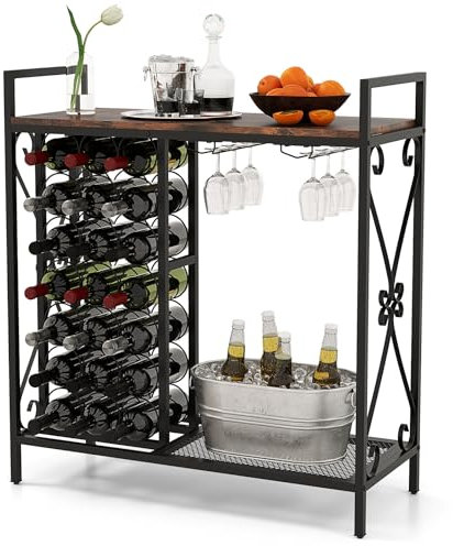 GOPLUS Étagère à Vin avec Casier à Vin 21 Bouteilles, 2 Porte-Verres pour 6 Verres, Table de Bar à Vin Style Industriel Grand Plateau pour Salle à Manger, Cave, 93x38x102cm (Marron)