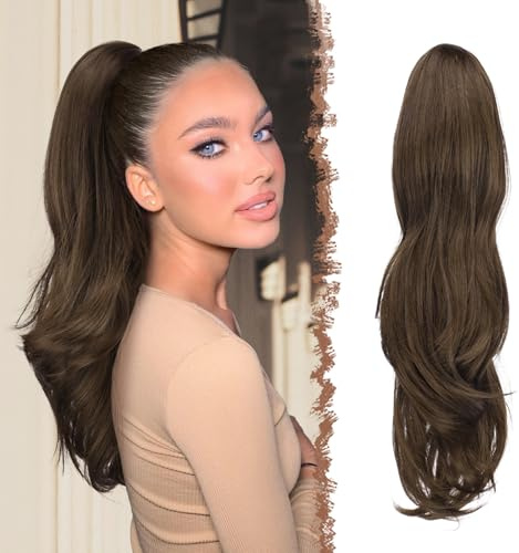 FESHFEN Extensión de cola de caballo con cordón, Natural Ondulado Rizado Sintético Marrón Musgo Ponytail Extensiones Coleta Postizos para Mujeres, 50 cm