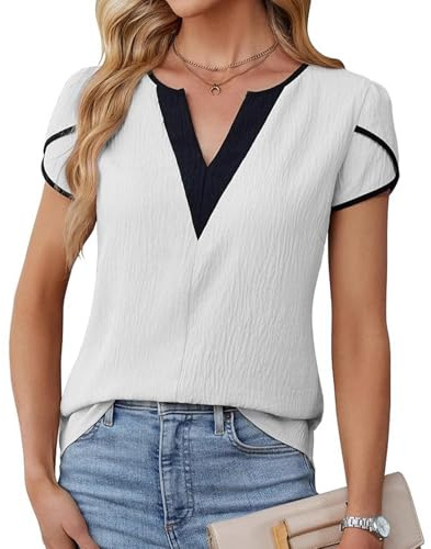 Women's Blouses Summer Dressy Casual Short Sleeve Shirts V Neck Tops Basic Pleated T-Shirt for Business Office Work (UK, Alpha, L, Regular, Regular, White)