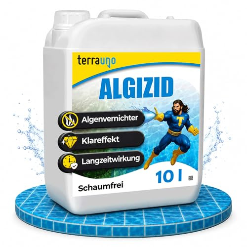 TerraUno Algizid für Pool, Algenvernichter Pool zum Schutz vor Algen, Pilzen & Bakterien, 10 L Pool Algenvernichter mit Klareffekt für sauberes und klares Badewasser