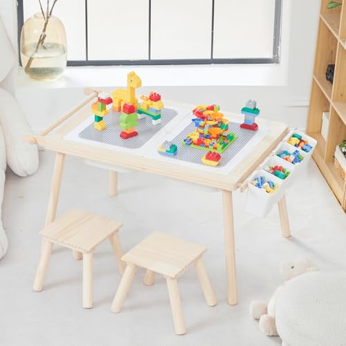COOKIE BUNNY Kindertisch mit 2 Stühlen, 3 teilige Kindersitzgruppe aus Holz mit wendbarer & abnembarer Tischplatte, Kinder Maltisch mit Stauraum, Kindermöbel Sitzgruppe für Kinder ab 3 Jahren