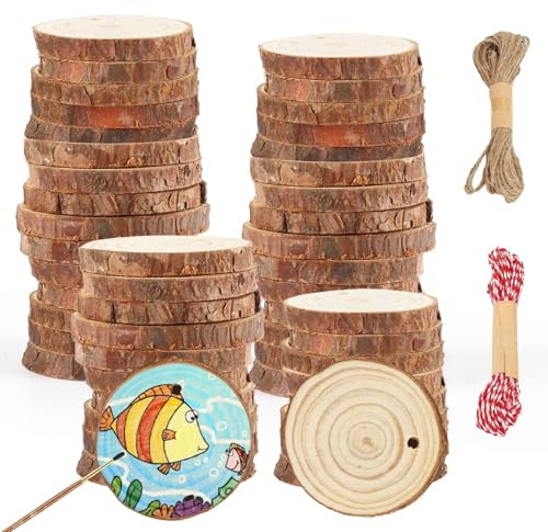 Zyiphor 50 Piezas Rodajas de Madera Manualidades Troncos Madera Decoracion 5-6 cm Discos de Maderas Rebanada Círculos con Agujero y 20M Cuerda para Pintura, Posavasos, Adornos del Hogar, Navideña