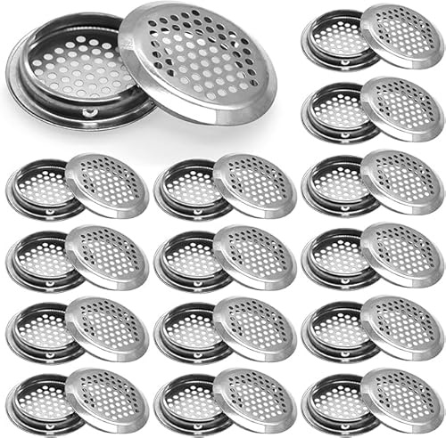 VOSSOT 30 Stück 53mm Lüftungsgitter Rund Edelstahl,Lüftungsgitter Edelstahl mit Insektenschutz & Lüftungsabdeckung, Lüftungsgitter mit Insektenschutz für Küche,Wohnwagen,Badezimmer,Schrank