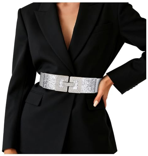 JasGood Damen Gürtel,Breiter elastischer Taillengürtel mit Silber-Strass Schnalle, Vintage Retro Stretchy Gürtel für Kleid und Strickrock