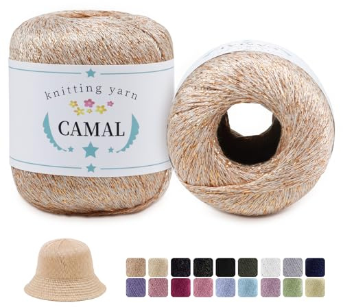 CAMAL 2 Stück Metallic Häkelgarn Dünn Garn 200m x 2 Glitzer Baumwolle zum Häkeln, Metallic Baumwollgarn zum Häkeln für Kleidung, Mützen, Schals, DIY-Projekte (Champagner gold)