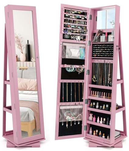 GOPLUS Armoire à Bijoux avec Miroir, Porte Bijoux sur Pied avec Étagère de Rangement&Serrure, Organisateur Chambre Pivotante à 360°, Coffre Bijoux pour Maquillage, Habillage (Rose)