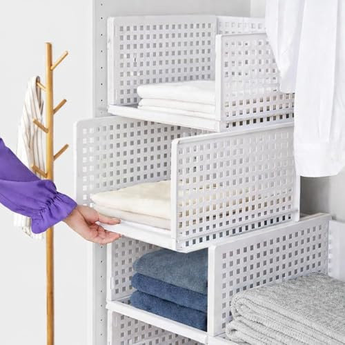 Wardrobe Storage Boxes,4-Pack Plastic Wardrobe Closet Drawer Organiser Stackable Detachable Shelf Baskets Container Crate Cube Organizer, Home Bedroom Pull Out Drawer Dividers for Clothes,Toy