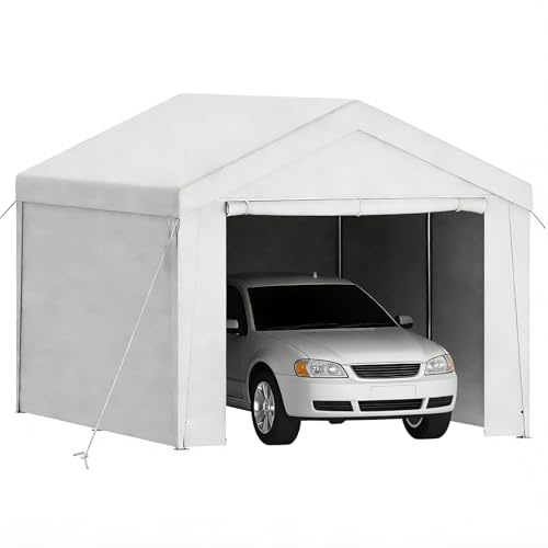 Ferzone Tente de Garage 3x4m, Carport Abri Voiture avec Bâche PE & Porte Enroulable, Tente de Stockage Pliant Exterieur avec Parois Latérales Amovibles pour Moto Vélos Outils, Blanc