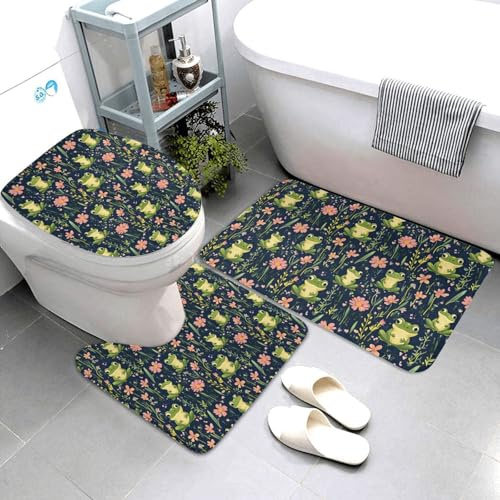 Nevjipu Set di 3 tappeti da bagno con stampa floreale e rana, assorbenti, antiscivolo, lavabili, a forma di U, morbidi tappetini da doccia per WC e vasca da bagno