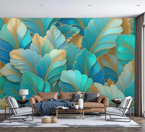 ZISTRCBAO Papier Peint Panoramique Feuille De Bananier Bleu-Vert, Papier Peint Style Tropical Discret, Fresque Murale Soie Décoration Murale Pour Salon Chambre Bureau 350x256cm (Non Adhésif)