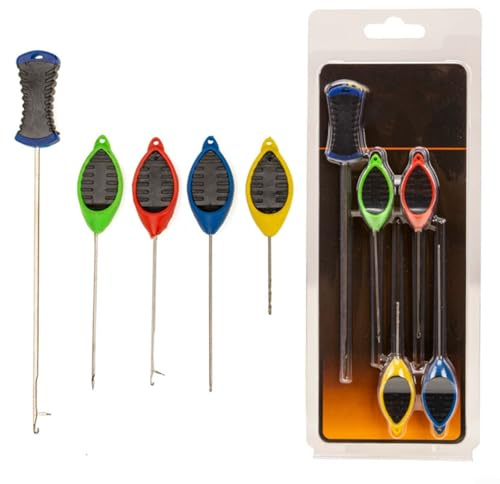 Juego de 5 agujas de cebo de pesca de carpa de acero alto en carbohidratos con agarre antideslizante para enhebrar y anudar con precisión, herramienta compacta para pescadores en
