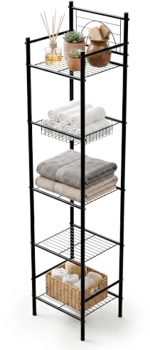 Amig - Estantería de baño Mod. ORIA - 5 Alturas - Fabricado en Acero - Color Negro Mate - con Patas Ajustables - para Espacios pequeños - 34 x 30 x 150 cm