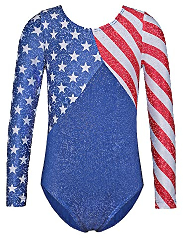 TFJH E One-Piece Girls Gymnastics Leotards Toddler Long Sleeve Ballet Dance Shirt Red Stripe USA Flag 146 Star 10A