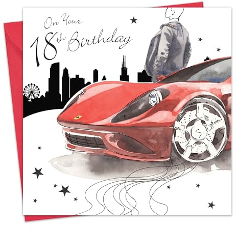 Twizler Geburtstagskarte zum 18. Geburtstag für Ihn mit Silberfolie & Aquarell-Effekt – roter Sportwagen – Geburtstagskarte zum 18. Geburtstag für Männer und Männer