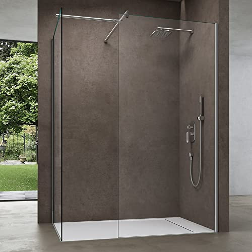 doporro Box Doccia Walk-In Due Lati Fissi 120x90cm, Parete Doccia Anticalcare in Cristallo Trasparente da 8mm con Braccio Sostegno Telescopico in Acciaio Bremen01K-T