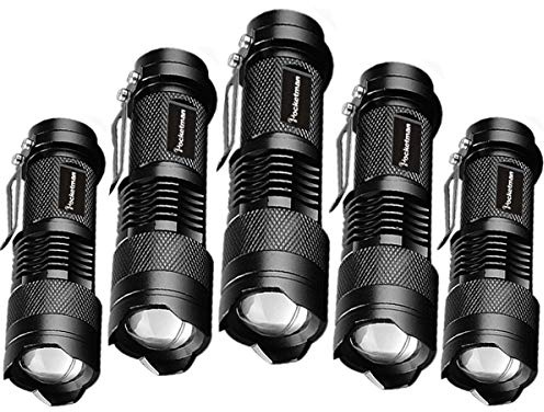 Pocketman Mini High Lumens Portable LED Flashlight - Q5 LED, Adjustable Focus, Zoomable Light for Hiking, Camping & Power Outage (5 Pack)