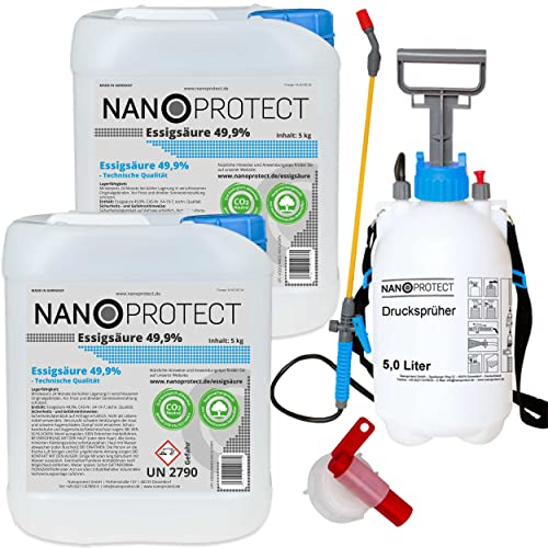 Nanoprotect Essigsäure | Mit Drucksprüher und Auslaufhahn | Ideal als Reiniger und Entkalker | Für Haus und Garten | Premium Qualität – Made in Germany, 10 kg