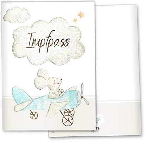 Impfpasshülle Flugzeug Ausweishülle Schutzhülle für Dokumente & Impfpass MIT DER GRÖßE 9,3 x 13CM (Maus Flugzeug, Impfpasshülle ohne Personalisierung)