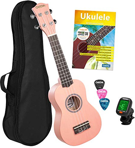 CASCHA Sopran Ukulele Set Italienisch für Kinder & Erwachsene I Starter Kit mit 3 Plektren Tasche Lehrbuch Lernvideos über QR-Code I Stimmgerät I Aquila Saiten I Kleine Hawaii Gitarre I Pink/Rosa