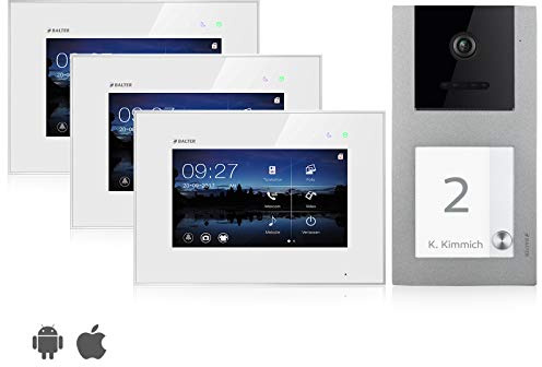 Balter EVO Video Türsprechanlage, Touchscreen, 7 Zoll Monitor, Smartphone App, 2-Draht Bus, Aufputz Türstation für, Familienhaus, 1 Türklingel, RFID Funktion (3 Monitore, Mit App)