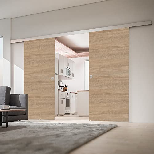 inova Doppel-Tür Holz-Schiebetür 2-Flügelig 1510 x 2035 mm Wildeiche Alu Komplettset mit Lauf-Schiene und Quadrat-Griff beidseitiger Softclose